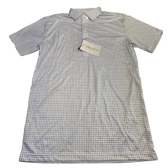NWT Collars & Co Mens M Dress Collar Polo Shirt Thin Blue Check Performance - Picture 2 of 7